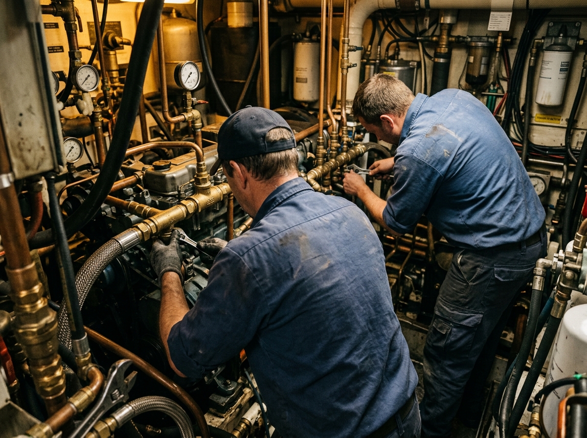 Kay Marine Service certified technicians performing detailed yacht systems work